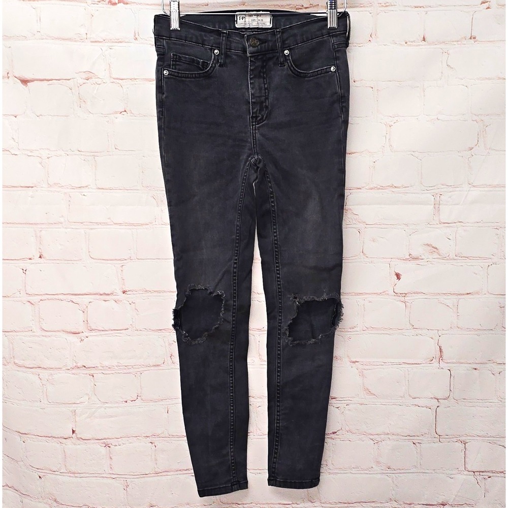 Free People Womens Black Gray Wash Distressed Skinny Jeans Slim Fit Size 25